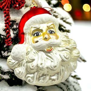Santa Claus Head Christmas Tree Ornament GlassBLOWN Vintage 6.5" T x 5.5”W HUGE